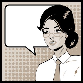 Pop Art Business Woman with Speech Bubble. Retro business smiley girl 