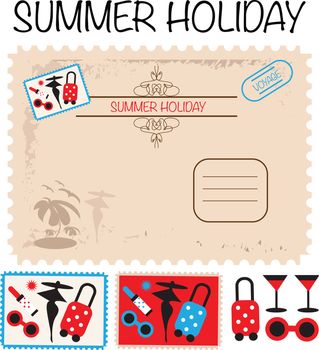 Travel card, post stamps, voyage, summer holiday set icons and backgrounds