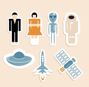 Space, peoples, Astronaut and aliens icons set - fly objects