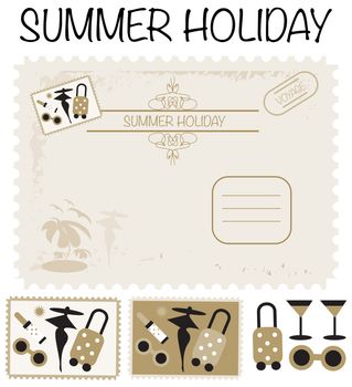 Travel card, post stamps, voyage, summer holiday set icons and backgrounds