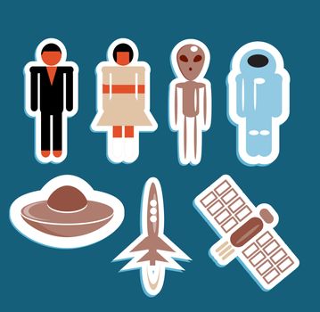 Space, peoples, Astronaut and aliens icons set - fly objects