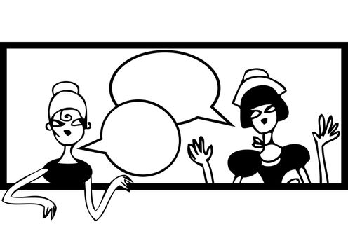 Comics talking doodles banner. Female meeting and talking sticker