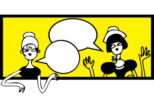 Comics talking doodles banner. Female meeting and talking sticker