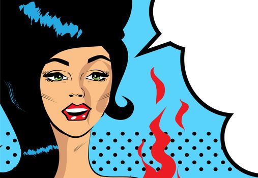 Retro Pop Art Hot Woman Love Vector illustration of smile female face 