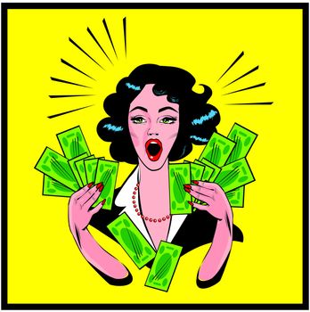  Clipart Illustration of a Retro Woman Holding Handfulls Of Cash and shocked