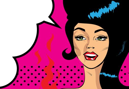 Retro Pop Art Hot Woman Love Vector illustration of smile female face 