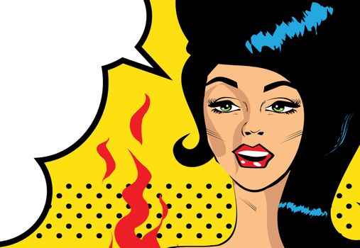 Retro Pop Art Hot Woman Love Vector illustration of smile female face 