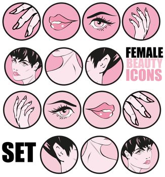 Female Beauty Icons Set Vector Retro Classic Comics Pin Up Style for web sites or presentations templates