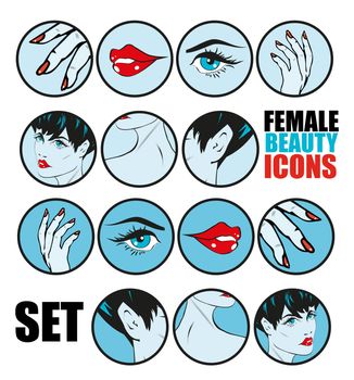 Female Beauty Icons Set Vector Retro Classic Comics Pin Up Style for web sites or presentations templates