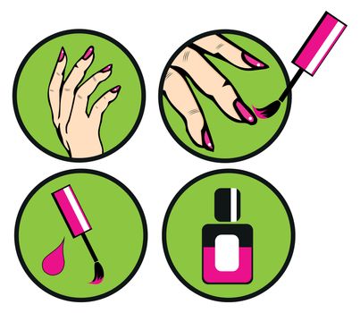 Pop Art Pin Up Nail polishing at the salon - Vector Icons Set isolated 