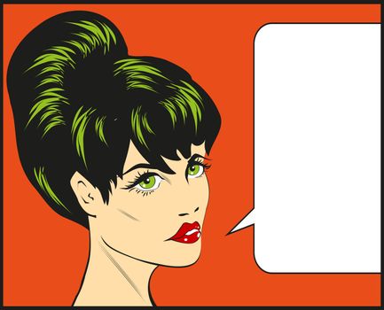 Retro pop art comics pretty girl vector illustration talking female face