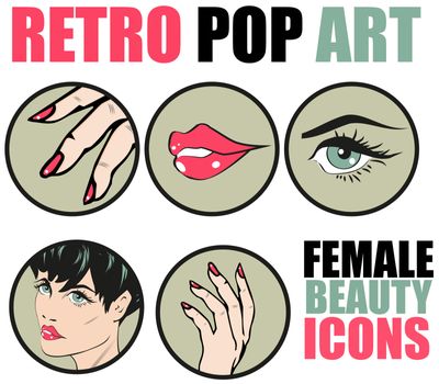 Pop Art Web site Icons Set - Beauty Woman Hand Nails Hair Face Lips Eyes Health Care and Cosmetic Signs Templates