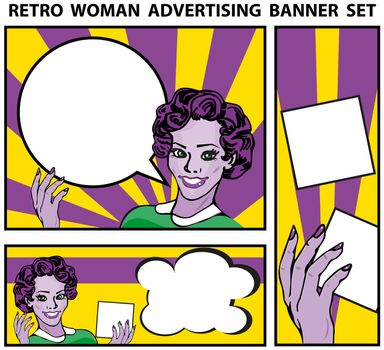 Retro woman advertising banners set templates backgrounds