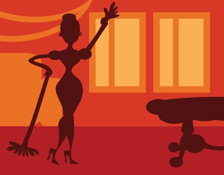 Silhouette Woman doing housework on room background - retro poster, card