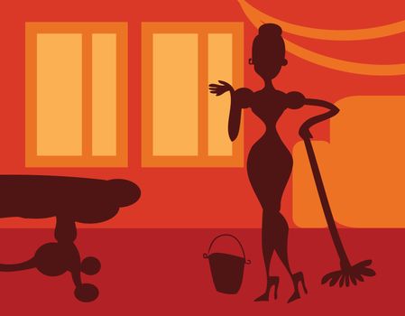 Silhouette Woman doing housework on room background - retro poster, card