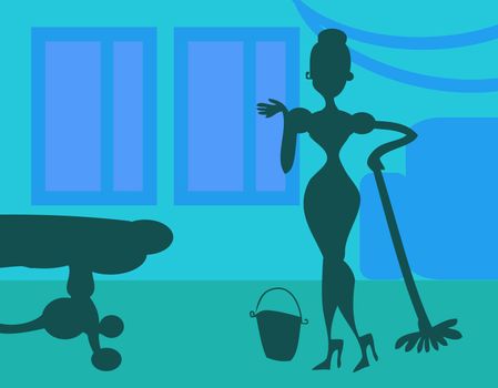 Silhouette Woman doing housework on room background - retro poster, card