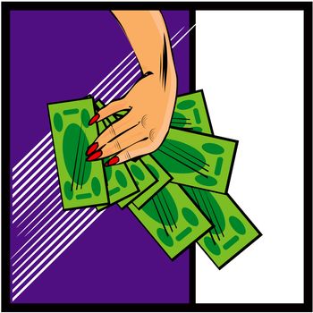 Vector comic female hand with cash money Hand with money on pop art style background 