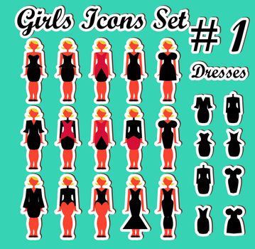 Girls Woman Icons Set 1 dress and people