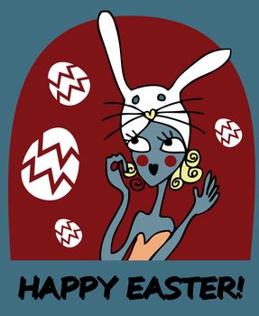 card illustration with doodley woman, girl, easter eggs, easter bunny, easter rabbit and font.