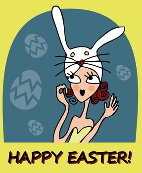 card illustration with doodley woman, girl, easter eggs, easter bunny, easter rabbit and font.