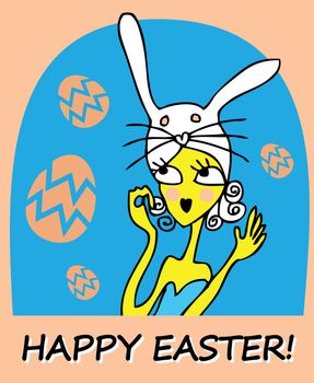 Happy easter card illustration with doodley woman, girl, easter eggs, easter bunny, easter rabbit and font.