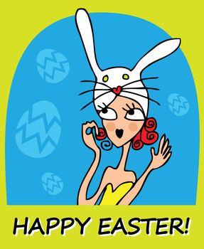 Happy easter card illustration with doodley woman, girl, easter eggs, easter bunny, easter rabbit and font.