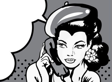 retro woman in chat by phone retro background or banner