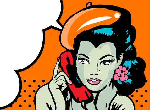 retro woman in chat by phone retro background or banner