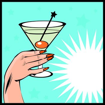 Vintage background Coctail with hand - pop art comic style