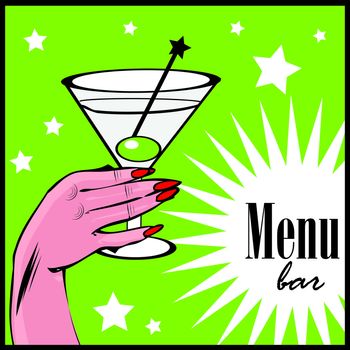 Vintage background Coctail with hand - pop art comic style