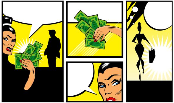 Pop art Comic Book Style Banners with woman man and money Talking comic style speech bubbles. Vector illustration