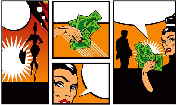 Pop art Comic Book Style Banners with woman man and money Talking comic style speech bubbles. Vector illustration