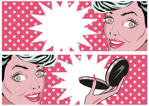 Beauty Pop Art Banners set with retro happy woman face template