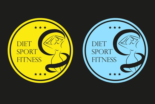 Icons set sticker or emblem of a woman silhouette measuring her waist Diet Sport Fitness