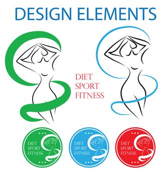 abstract fitness sport diet healthy life female silhouette and emblems templates set / girl measuring her waist