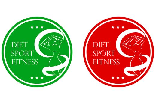Icons set sticker or emblem of a woman silhouette measuring her waist Diet Sport Fitness