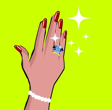 Female hand with wedding ring love background in pop art comic style