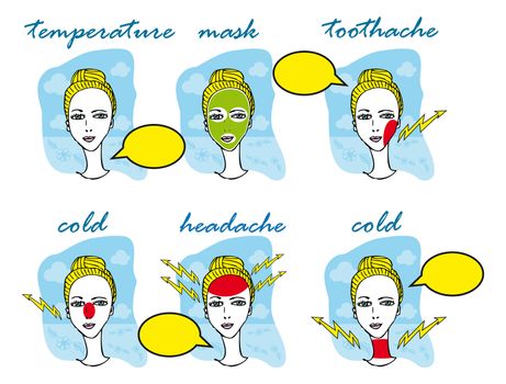 Cold and Flu Season illustration of Woman with headache, toothache, cold, temperature, mask icons