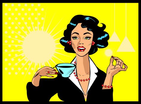 Coffee Lover vector poster with woman and cup of coffee in hand, Coffee time icon.One of fashion pinup illustrations 