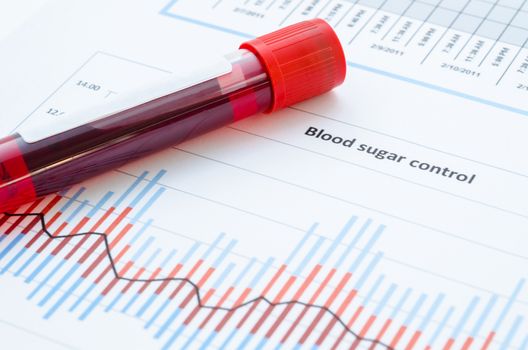 Sample blood for screening diabetic test in blood tube on blood sugar control chart.