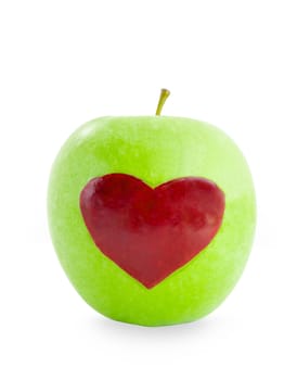 Red apple heart shape in Green apple isolated on white background, save clipping path.