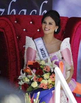 PHILIPPINES, Makati: Miss Universe 2015 Pia Alonzo Wurtzbach, also Miss Philippines, sits at Makati mayor's office in Makati, Philippines on January 26, 2016, where she received the symbolic city key and a plaque in her honor for winning the Miss Universe title on December 20, 2015 in Las Vegas. 
