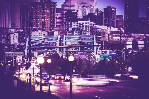 Denver Commute. Downtown Denver, Speer Boulevard. Denver, Colorado United States. Ultraviolet Color Grading