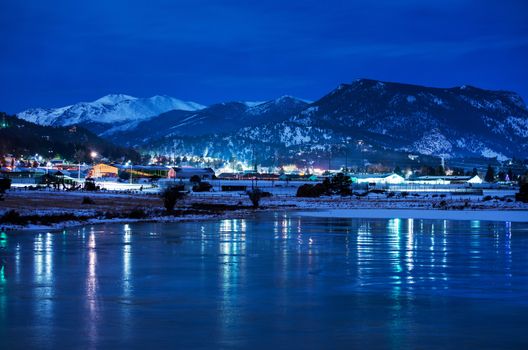 Estes Park Winter Night Panorama. Estes Park, Colorado, United States