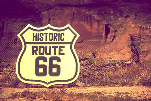 Famous Route 66 Large Crest Sign on the Fence. Arizona, United States.