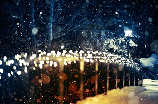 Holiday Lights Scenery. Winter Night in the Park with Seasonal Lighting Decoration and the Lantern