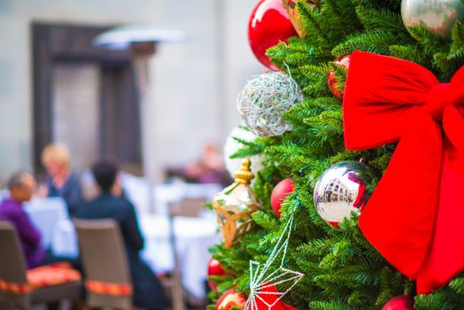 Holidays Outdoor Dining Theme. Christmas in California. Christmas Tree on the Rodeo Drive, CA, United States.