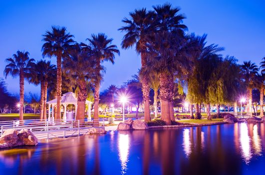 La Quinta City Park at Night. Calm Warm Winter Night in the La Quinta, California, United States.