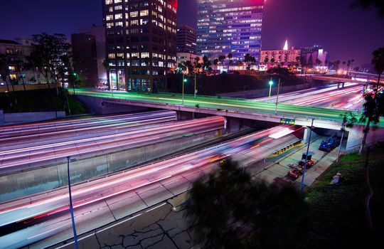 Los Angeles Night Traffic. Late Night Commute in Downtown Los Angeles, California, United States.