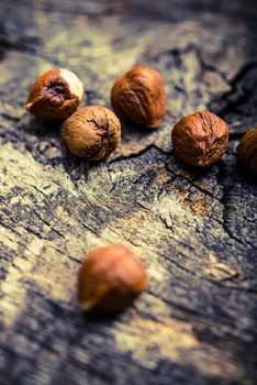 Raw Hazelnuts on Aged Wood Plank.